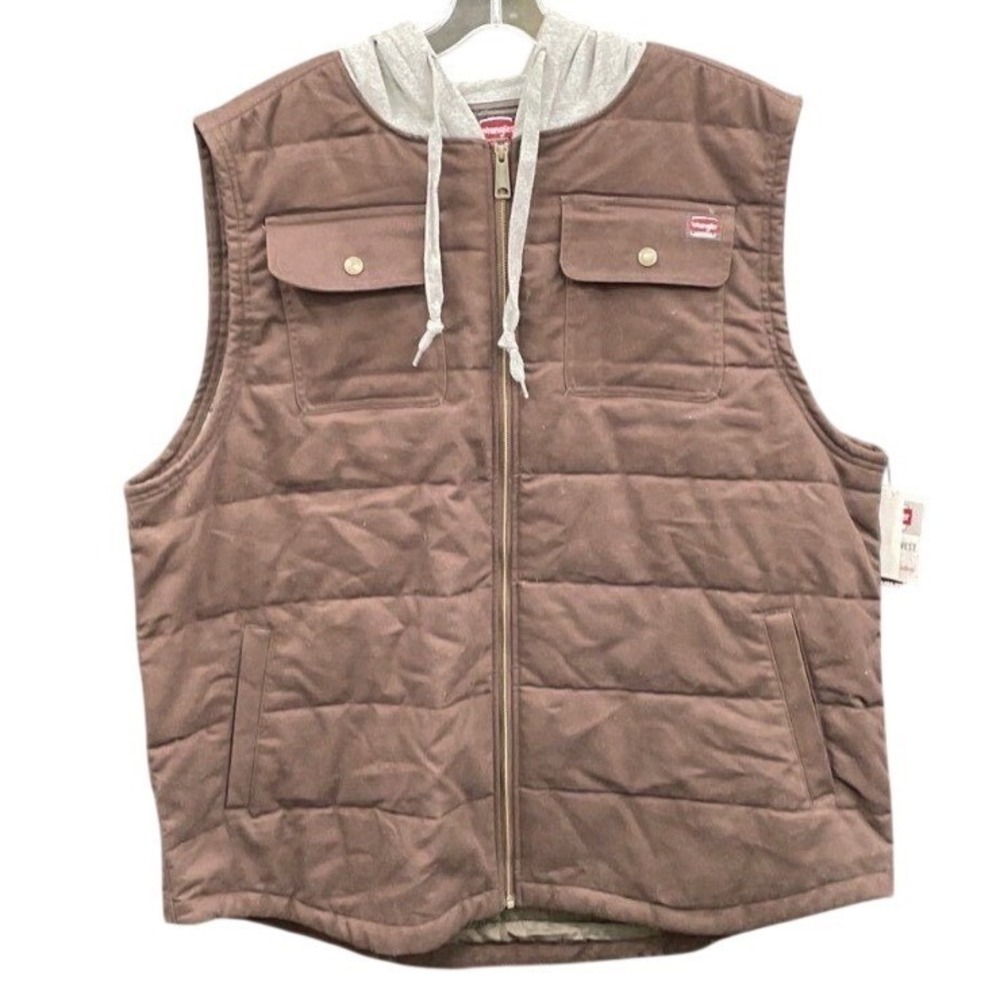 Wrangler Workwear Mens 3XL Brown Quilted Hooded‎ Puffer Vest Full Zip Jacket New